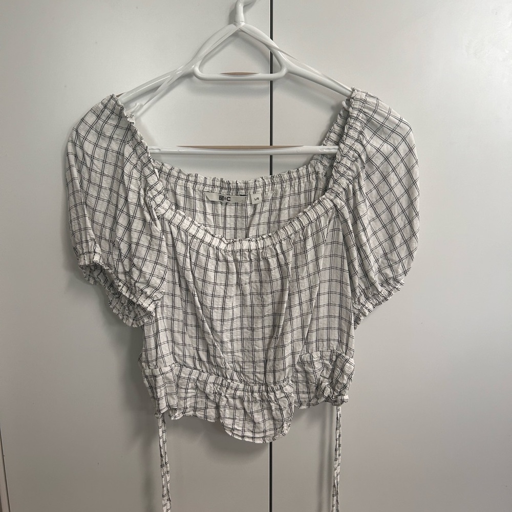 UNIQLO Gather Cropped Checked Short Sleeve Blouse